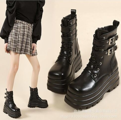 Women's Goth Platform Ankle Boots Buckles Chunky Block Wedge Side Zipper Heels Round Toe Punk Motorcycle Comfy Short Gothic Booties High Heel Lace Up Studded Stacked in Saudi Arabia