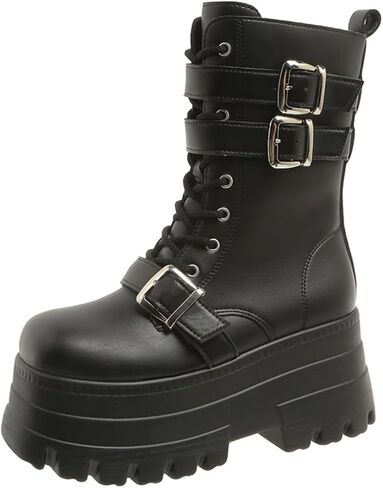Women's Goth Platform Ankle Boots Buckles Chunky Block Wedge Side Zipper Heels Round Toe Punk Motorcycle Comfy Short Gothic Booties High Heel Lace Up Studded Stacked in Saudi Arabia