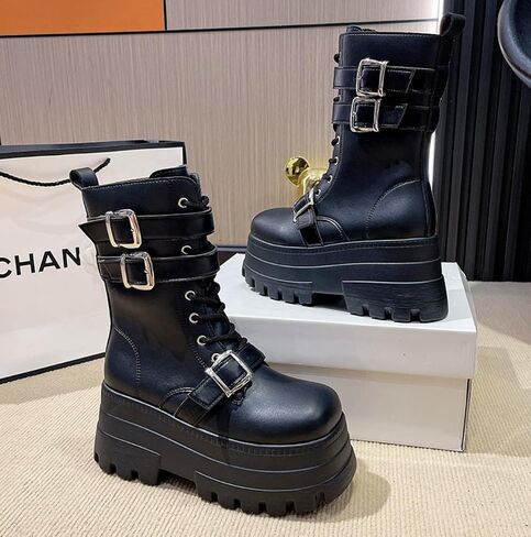 Women's Goth Platform Ankle Boots Buckles Chunky Block Wedge Side Zipper Heels Round Toe Punk Motorcycle Comfy Short Gothic Booties High Heel Lace Up Studded Stacked in Saudi Arabia