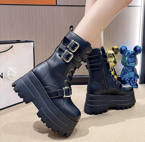 Women's Goth Platform Ankle Boots Buckles Chunky Block Wedge Side Zipper Heels Round Toe Punk Motorcycle Comfy Short Gothic Booties High Heel Lace Up Studded Stacked in Saudi Arabia