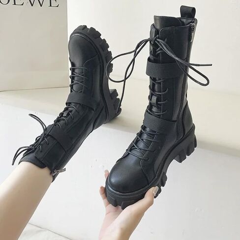 Women's Goth Platform Ankle Boots Buckles Chunky Block Wedge Side Zipper Heels Round Toe Punk Motorcycle Comfy Short Gothic Booties High Heel Lace Up Studded Stacked in Saudi Arabia