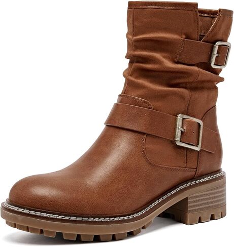 Women's Ankle Boots Slouchy Flat Ladies Booties Low Chunky Heeled Riding Combat Boot Comfortable Casual Round Toe Short Boots for Women. in Saudi Arabia