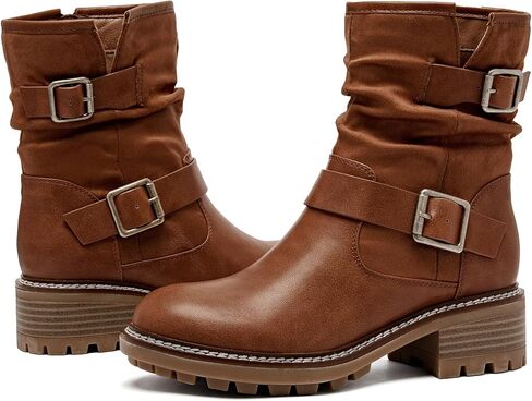 Women's Ankle Boots Slouchy Flat Ladies Booties Low Chunky Heeled Riding Combat Boot Comfortable Casual Round Toe Short Boots for Women. in Saudi Arabia