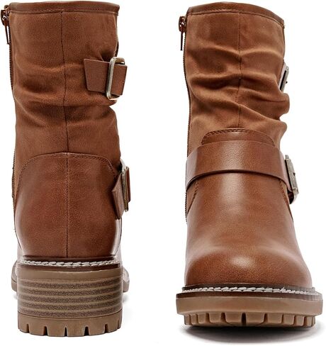 Women's Ankle Boots Slouchy Flat Ladies Booties Low Chunky Heeled Riding Combat Boot Comfortable Casual Round Toe Short Boots for Women. in Saudi Arabia