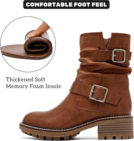Women's Ankle Boots Slouchy Flat Ladies Booties Low Chunky Heeled Riding Combat Boot Comfortable Casual Round Toe Short Boots for Women. in Saudi Arabia