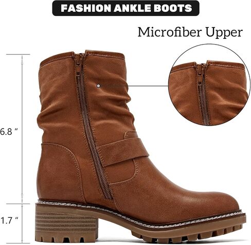 Women's Ankle Boots Slouchy Flat Ladies Booties Low Chunky Heeled Riding Combat Boot Comfortable Casual Round Toe Short Boots for Women. in Saudi Arabia