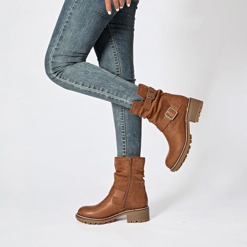 Women's Ankle Boots Slouchy Flat Ladies Booties Low Chunky Heeled Riding Combat Boot Comfortable Casual Round Toe Short Boots for Women. in Saudi Arabia