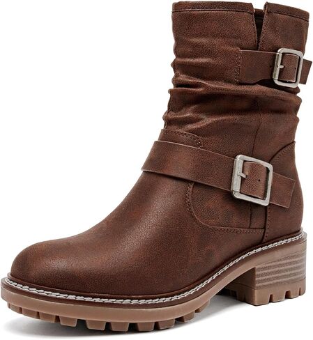 Women's Ankle Boots Slouchy Flat Ladies Booties Low Chunky Heeled Riding Combat Boot Comfortable Casual Round Toe Short Boots for Women. in Saudi Arabia
