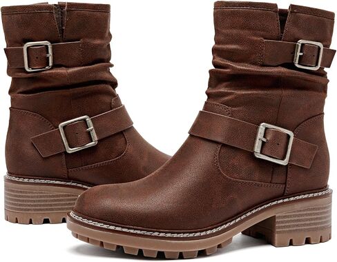 Women's Ankle Boots Slouchy Flat Ladies Booties Low Chunky Heeled Riding Combat Boot Comfortable Casual Round Toe Short Boots for Women. in Saudi Arabia
