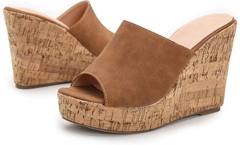 البغال الوتد ليهور كورك للنساء منصة شريحة الصندل زقزقة إصبع القدم ، إسفين عالي 4.5 بوصة من الجلد المدبوغ من الجلد المدبوغ 6-11 م أمريكي in Kuwait