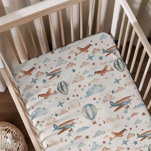 Hot Air Balloon Transportation Pattern Baby Crib Sheets, Unisex Balloons Birds Clouds Nursery Fitted Bed Sheet for Boys Girls Standard Crib and Toddler Mattress-28x52 in Saudi Arabia