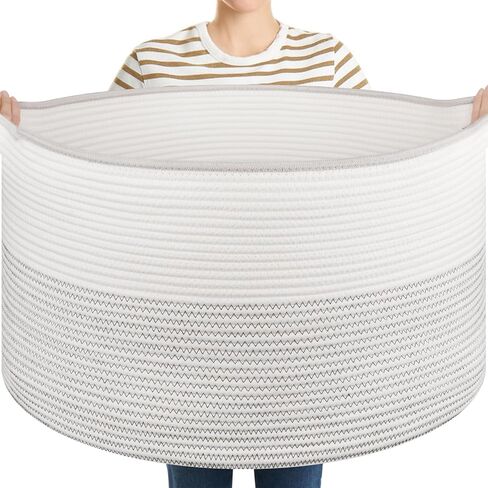 OIASKET Large Blanket Basket with Handles, 22.8" x 22.8" x 13" Woven Storage Basket for Living Room, Cotton Rope Baby Toy Storage for Clothes, Pillows, Towels-Brown & White in Saudi Arabia