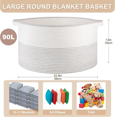 OIASKET Large Blanket Basket with Handles, 22.8" x 22.8" x 13" Woven Storage Basket for Living Room, Cotton Rope Baby Toy Storage for Clothes, Pillows, Towels-Brown & White in Saudi Arabia