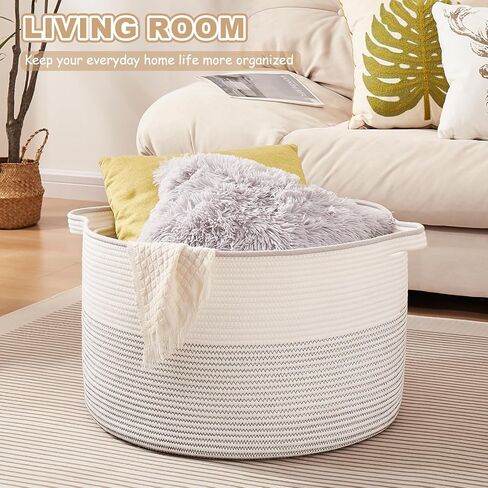 OIASKET Large Blanket Basket with Handles, 22.8" x 22.8" x 13" Woven Storage Basket for Living Room, Cotton Rope Baby Toy Storage for Clothes, Pillows, Towels-Brown & White in Saudi Arabia