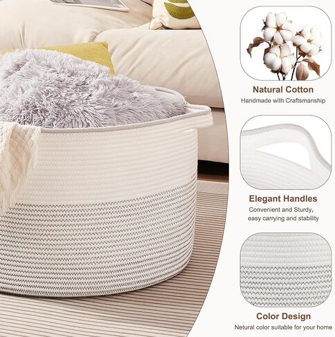 OIASKET Large Blanket Basket with Handles, 22.8" x 22.8" x 13" Woven Storage Basket for Living Room, Cotton Rope Baby Toy Storage for Clothes, Pillows, Towels-Brown & White in Saudi Arabia