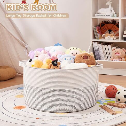 OIASKET Large Blanket Basket with Handles, 22.8" x 22.8" x 13" Woven Storage Basket for Living Room, Cotton Rope Baby Toy Storage for Clothes, Pillows, Towels-Brown & White in Saudi Arabia