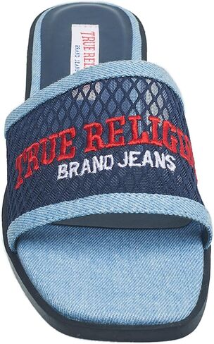 True Religion Women’s Mesh Denim Slide Sandals – Logo Strap, Casual Slip-On Comfort in Saudi Arabia