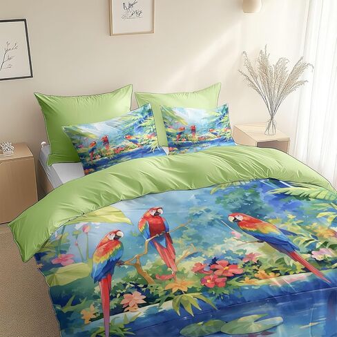 Green Reversible Duvet Cover Set Toddler, Natural Scenery Parrot 40 X 60 Inches Bedding Sets, Bedroom Bedding for Boys Girls Includes 1 Comforter Cover & 1 Pillow Case with Zipper Closure in Saudi Arabia