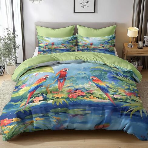 Green Reversible Duvet Cover Set Toddler, Natural Scenery Parrot 40 X 60 Inches Bedding Sets, Bedroom Bedding for Boys Girls Includes 1 Comforter Cover & 1 Pillow Case with Zipper Closure in Saudi Arabia