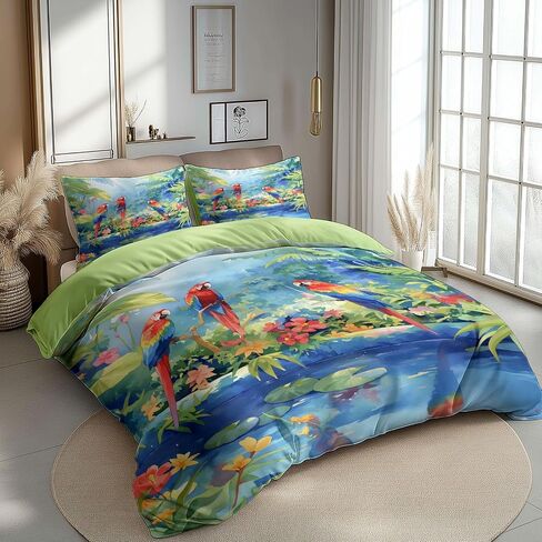Green Reversible Duvet Cover Set Toddler, Natural Scenery Parrot 40 X 60 Inches Bedding Sets, Bedroom Bedding for Boys Girls Includes 1 Comforter Cover & 1 Pillow Case with Zipper Closure in Saudi Arabia