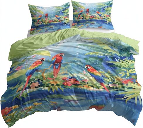 Green Reversible Duvet Cover Set Toddler, Natural Scenery Parrot 40 X 60 Inches Bedding Sets, Bedroom Bedding for Boys Girls Includes 1 Comforter Cover & 1 Pillow Case with Zipper Closure in Saudi Arabia