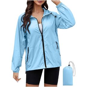 Women's Waterproof Raincoat Lightweight Rain Jacket Long Sleeve Zip Up Hooded Windbreaker with Pocket for Outdoor