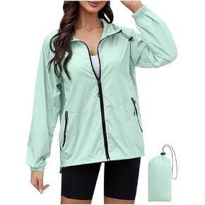 Womens Waterproof Rain Jacket Lightweight Raincoat Packable Hooded Outdoor Plain Windbreaker Fall Casual Jackets
