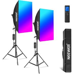 Neewer RGB LED Softbox Lighting Kit with 2.4G Remote: 2-Pack 48W Dimmable LED Light Head with 3200~5600K/CRI95+/360°Full Color/10 Scene Effect with Softbox, Stand and Carry Bag for Studio Photography