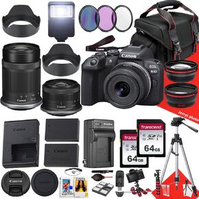 Canon EOS R10 Mirrorless Camera with RF-S 18-45mm f/4.5-6.3 is STM and Canon RF-S 55-210mm f/5-7.1 is STM Lens + 128 GB Memory + Extra Battery + Filters + More (33pc Bundle), Black (Renewed)