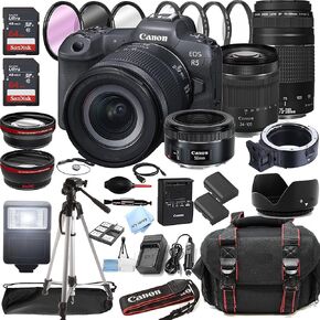 Canon EOS R5 Mirrorless Digital Camera With RF 24-105mm f/4-7.1 STM Lens, 75-300mm F/4-5.6 III, 50mm f/1.8 STM - 128GB Memory, Case, Tripod, Filters (43pc Bundle) (Renewed)