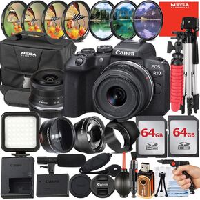 Canon EOS R10 Mirrorless Camera with RF-S 18-45mm Lens + 2 Pack 256GB Memory Card + Case + Telephoto + Filter Kit + Flash + MegaAccessory Bundle (Renewed)