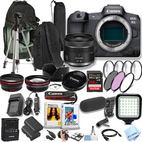 Canon EOS R5 45MP كاميرا CMOS CMOS كاملة المرآة مع عدسة 24-50 مم + حقيبة الظهر حبال + 128 جيجابايت بطاقة ذاكرة السرعة المتطرفة + ضوء الفيديو + ميكروفون + المزيد (حزمة الفيديو الاحترافية) (متجددة)