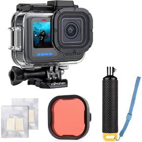 SOONSUN Waterproof Case with Floating Hand Grip for GoPro Hero 13/12/11/10/9 Black, 196ft Underwater Housing Case with Red Filter, Integrated Cold Shoe Mounts for Light and Microphone