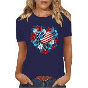 Womens USA Pride Sunflower Tees Short Sleeve USA American Flag Shirts Red White Blue Star Stripes Patriotic Tops