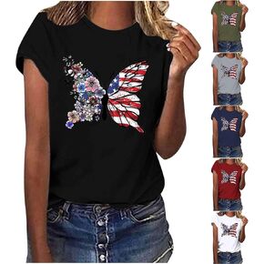 Fourth of July Womens Heart Flag Tops American Memorial Tshirt Short Sleeve Shirts Red White Blue Star Stripes USA T