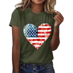 4th of July Shirts for Women Funny Short Sleeve USA Flag Pride Tops Red White Blue Star Stripes Patriotic Tshirt