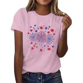 4th of July Tops for Women Funny Short Sleeve USA Flag Pride Shirts Red White Blue Star Stripes Patriotic Tshirt