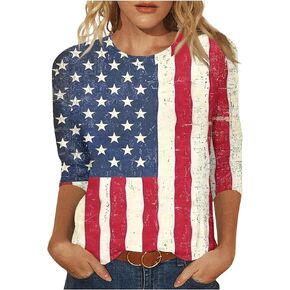 Womens 3/4 Sleeve T Derts American Flag USA USA Flag 4th July Red White Blue Star Strip T-Shirt Plus Size