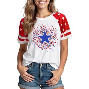 4th of July Tees for Women Trendy Short Sleeve USA Flag Pride Shirts Red White Blue Star Stripes Patriotic Cute Tops