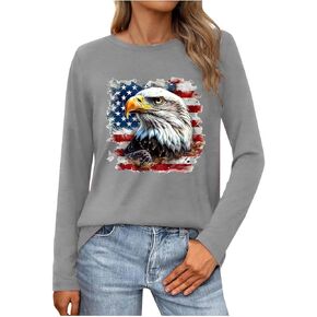 Patriotic Long Sleeve Shirts for Women Cotton USA Flag 4Th July American Red White Blue Star Stripes 4 Day T-Shirt