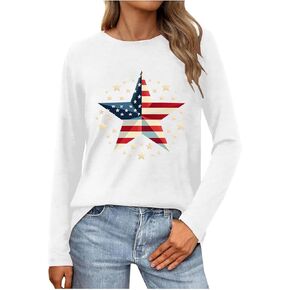 USA Long Sleeve Tops Women USA Flag 4Th July American Red White Blue Star Stripes 4 Day T-Shirt Pride Anniversary Tee