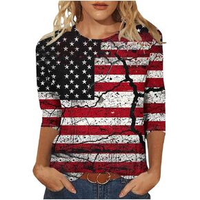 Patriotic 3/4 Sleeve Tops for Women USA Flag 4Th July American Red White Blue Star Stripes 4 Day T-Shirt Plus Size