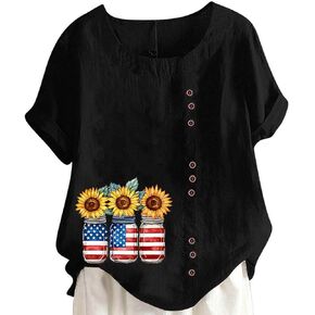 4th of July Tops Women Cotton Linen Short Sleeve USA Flag Pride Red White Blue Star Stripes Shirts Plus Size