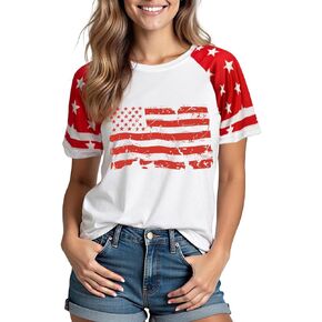 Womens 4th of July Graphic Tees Short Sleeve USA Flag 4th July American Red White Blue Star Stripes 4 Day