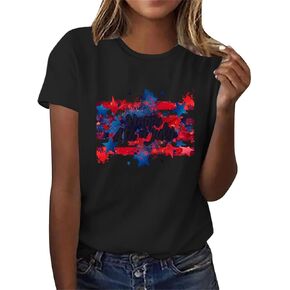 4th of July Tops for Women Trendy Short Sleeve USA Flag Pride Shirts Red White Blue Star Stripes Patriotic Tshirt