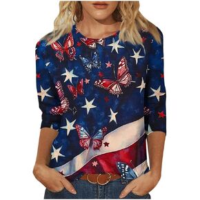 Patriotic Tunic Tops for Women 3/4 Sleeve USA Flag 4Th July American Red White Blue Star Stripe T-Shirt Plus Size