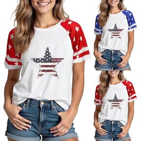 4th of July Tees for Women Funny Short Sleeve USA Flag Pride Shirts Red White Blue Star Stripes Patriotic Tops Cute