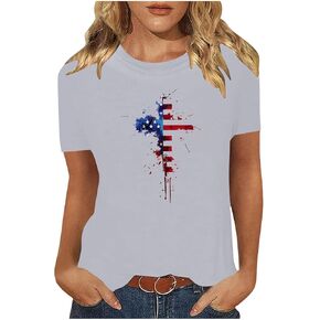 Womens USA Flag Tees Vintage Short Sleeve USA Flag Pride Shirts Red White Blue Star Stripes Patriotic Cute Tops