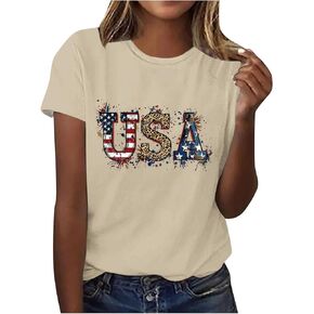 Womens 4th of July Tees American Memorial T-Shirt Short Sleeve Tops Flag Pride Red White Blue Star Stripes Tops