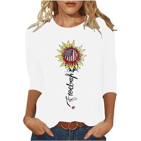 3/4 Length Sleeve Womens Tops Patriotic American Flag Pride Red White Blue Stars & Stripes 4Th of July T-Shirts
